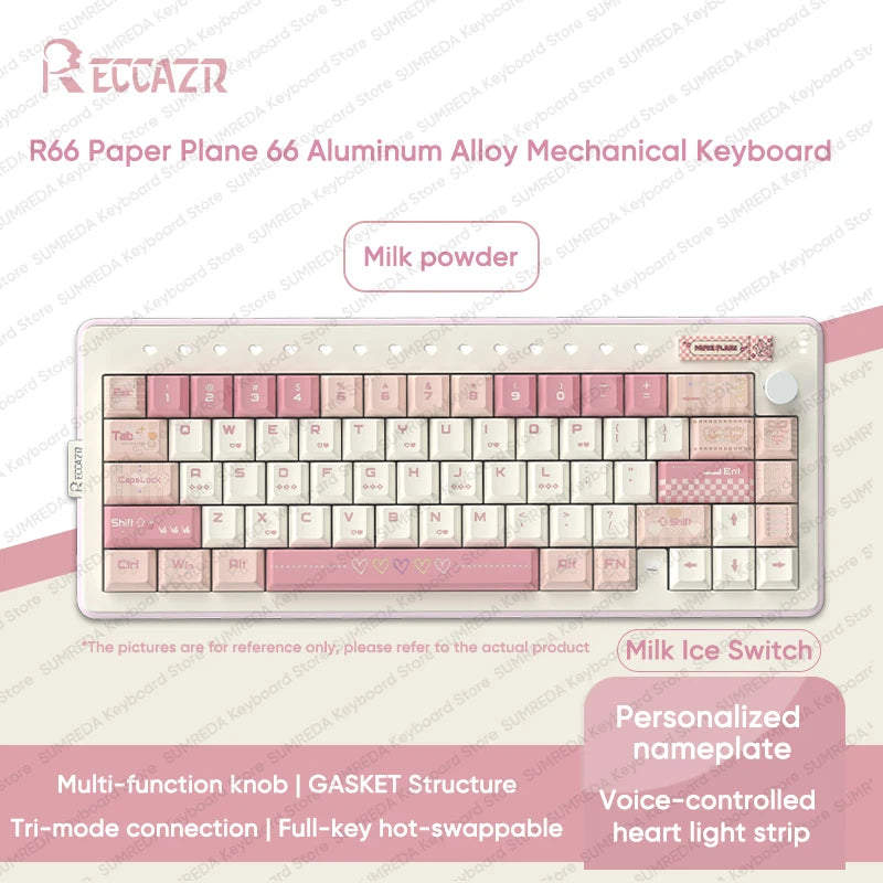 RECCAZR Paper Plane66 R66 Mechanical Keyboard Kit Aluminum RGB Gasket Structure Hot Swap with Control Knob Tri-mode Keyboard