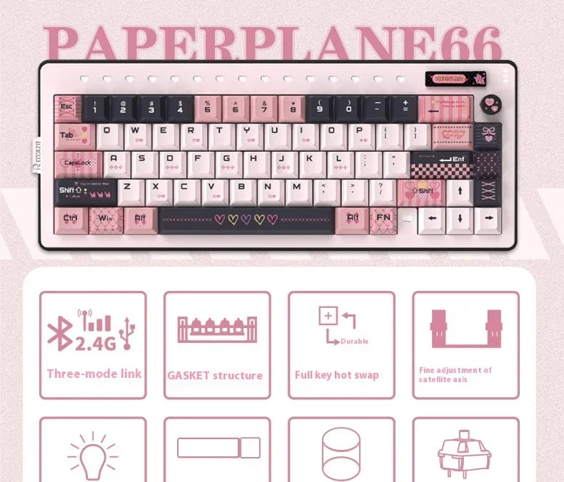 RECCAZR Paper Plane66 R66 Mechanical Keyboard Kit Aluminum RGB Gasket Structure Hot Swap with Control Knob Tri-mode Keyboard