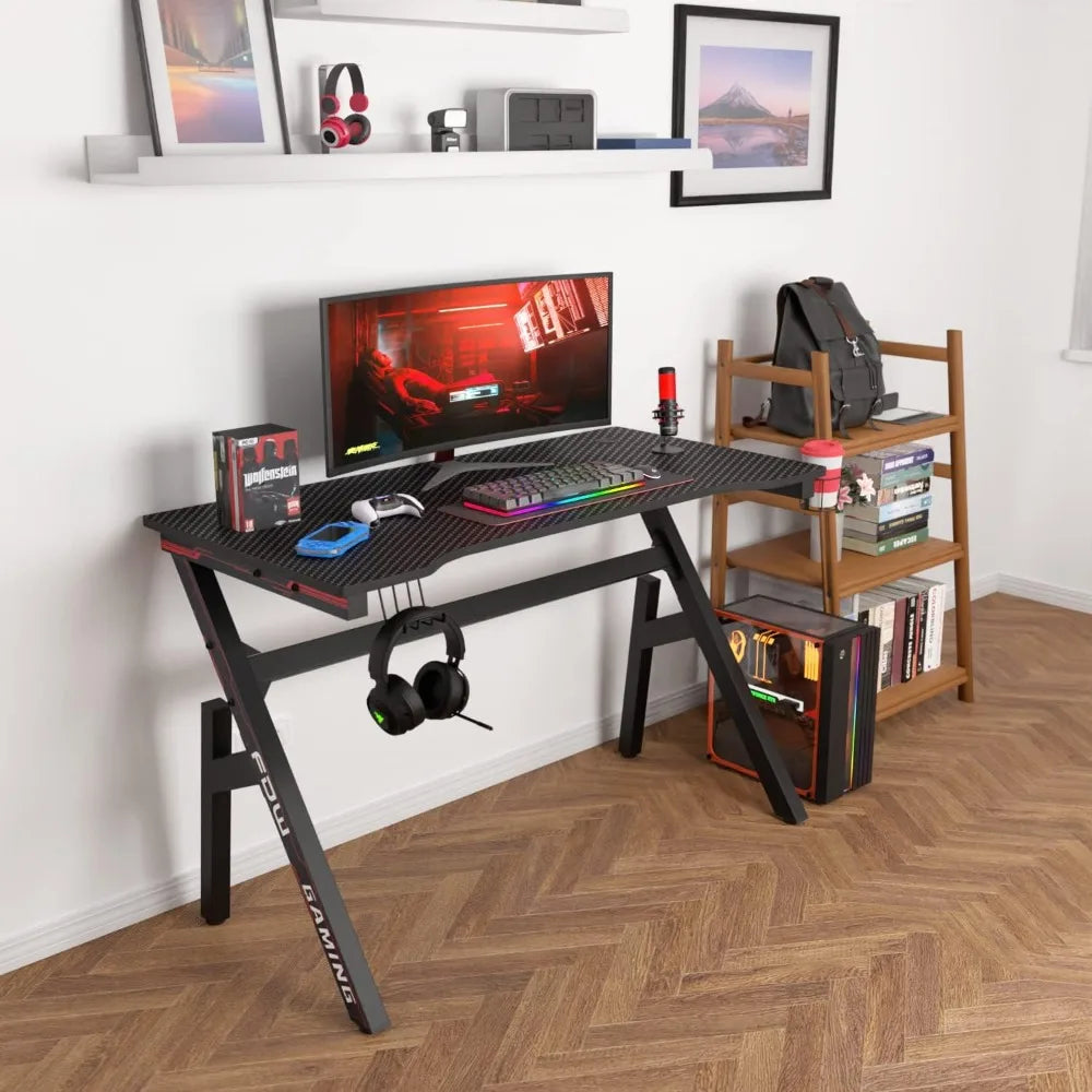 47" Gaming Desk with Carbon Fiber Texture, Cup Holder & Headphone Hook - Sturdy Steel Frame for Home Office