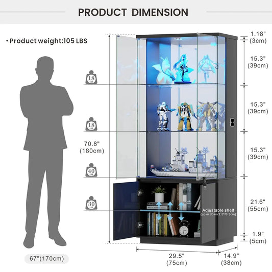 71” Glass Display Cabinet with Lights, Modern Curio Cabinet Display Cases for Collectibles, Locking Cabinet with, Customized