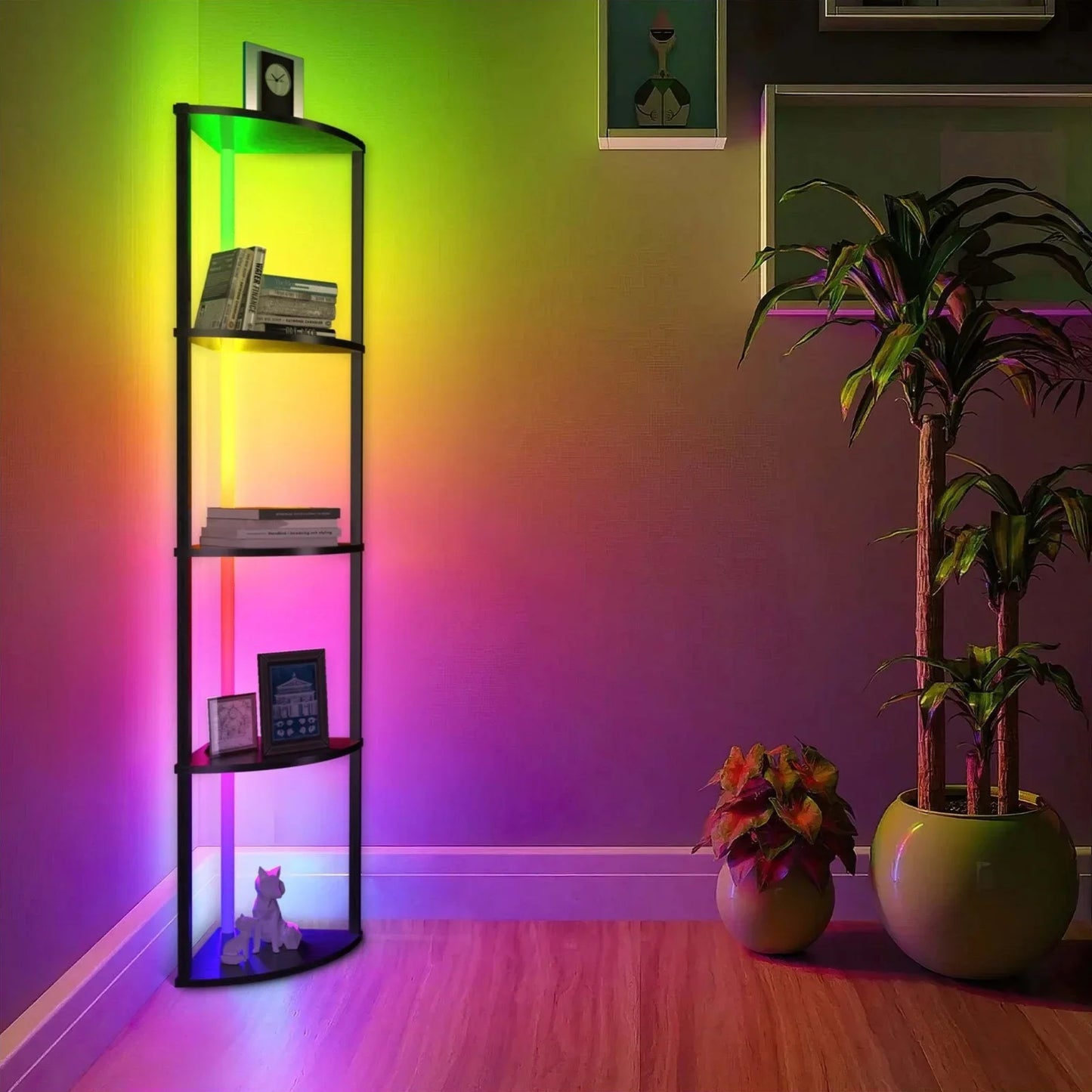 Corner Shelf Bookshelf with RGB LED Lights, 5-Tier Corner Bookshelf Organizer, 64" Corner Cabinet Wood Display Shelf