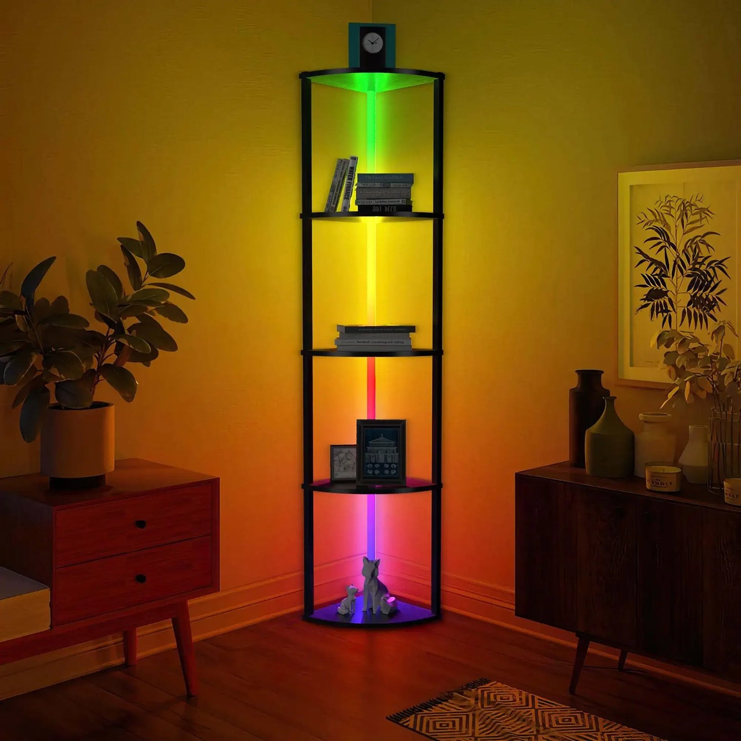Corner Shelf Bookshelf with RGB LED Lights, 5-Tier Corner Bookshelf Organizer, 64" Corner Cabinet Wood Display Shelf