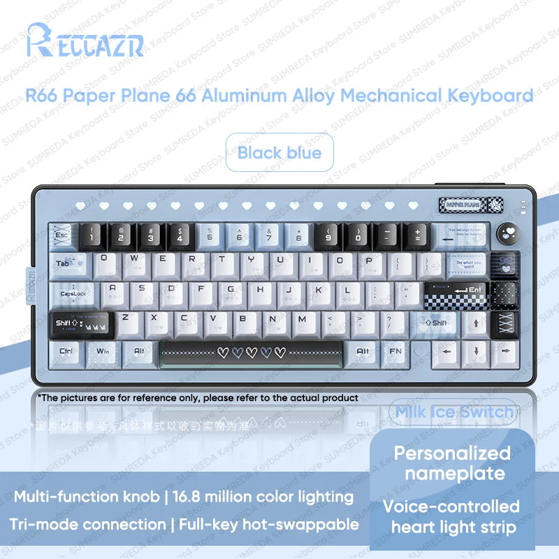 RECCAZR Paper Plane66 R66 Mechanical Keyboard Kit Aluminum RGB Gasket Structure Hot Swap with Control Knob Tri-mode Keyboard