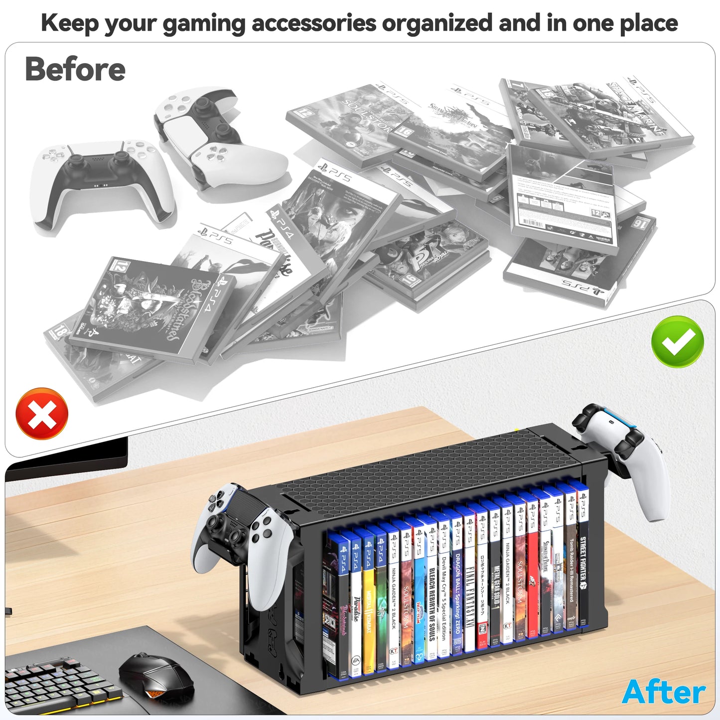Video Game Storage Tower Holder with Controller Stand Wall Mount Game Organizers Vertical & Horizontal Stand for 20 Gaming Discs