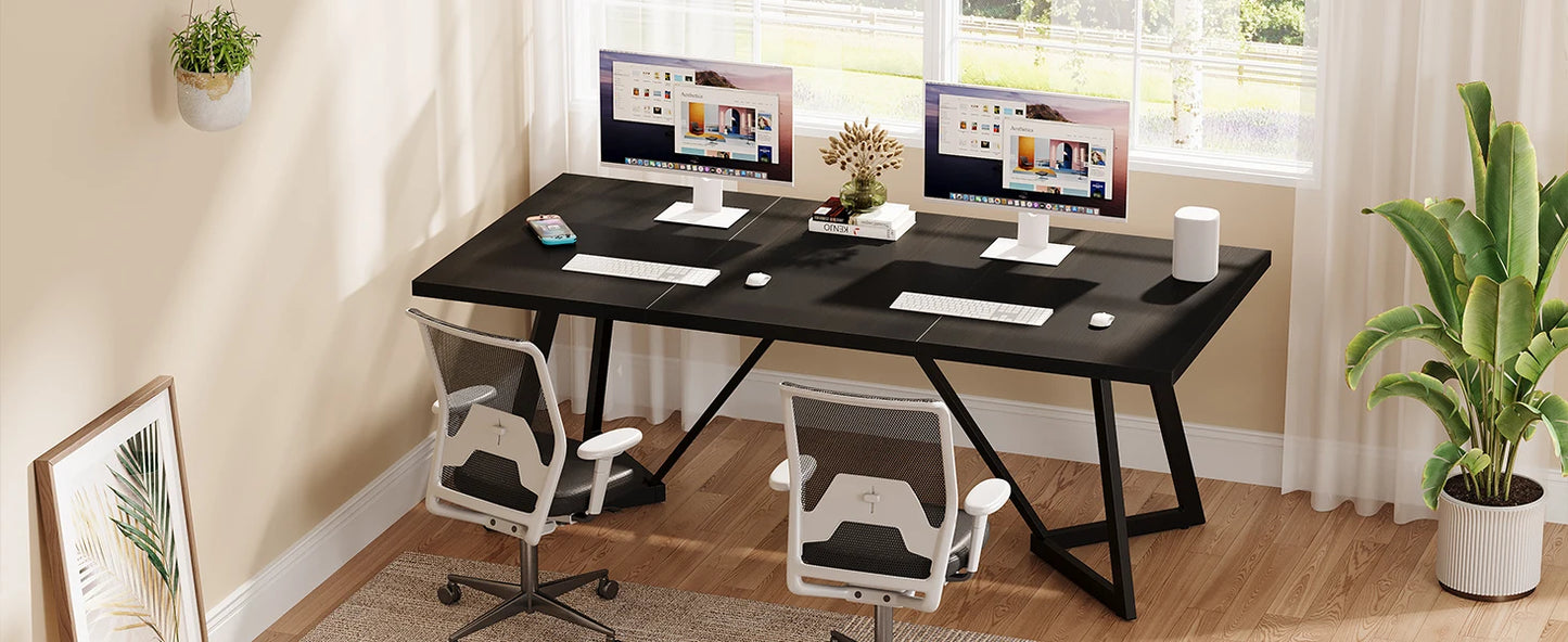 70.86-Inch Large Executive Desk, Modern Computer Office Desk Workstation with Metal Frame, Writing Table for Home Office