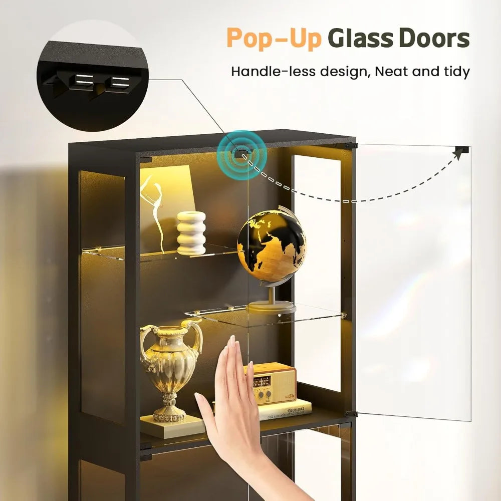 69-Inch Glass Display Cabinet with RGB Lighting, Adjustable Shelves for Game Room, Living Room, Bedroom - Black