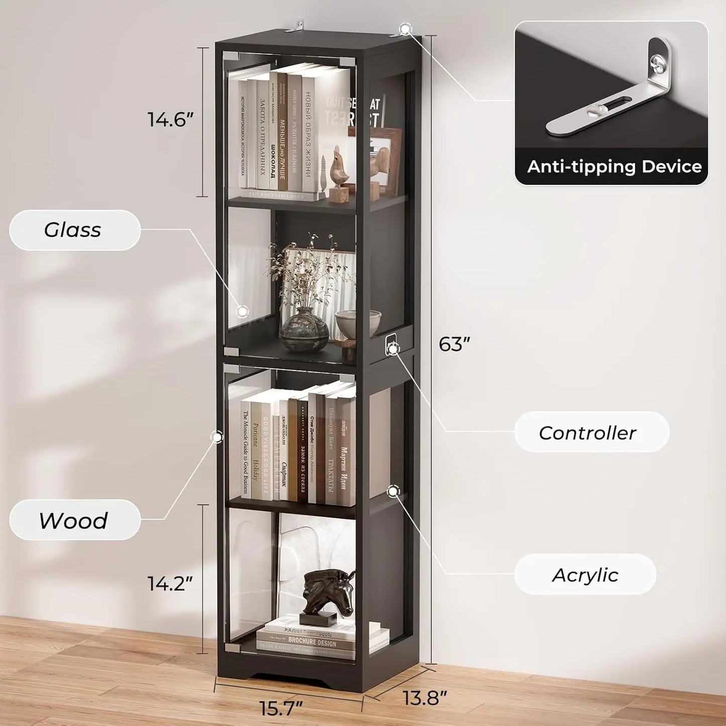 4-Tier Glass Display Cabinet with 3 Color LED Lights & Human Body Sensor for Collectibles, Books, Figurines - Black
