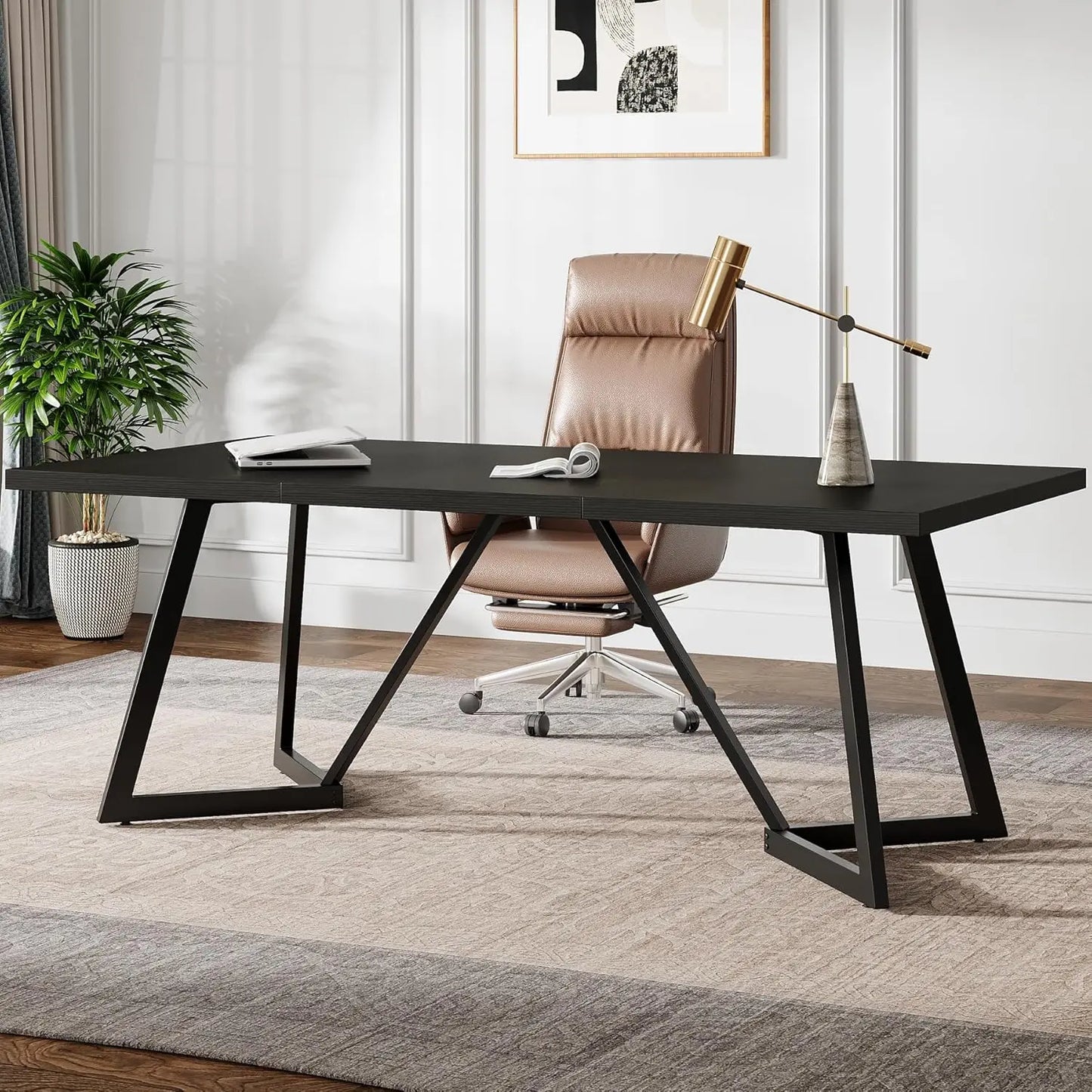 70.86-Inch Large Executive Desk, Modern Computer Office Desk Workstation with Metal Frame, Writing Table for Home Office