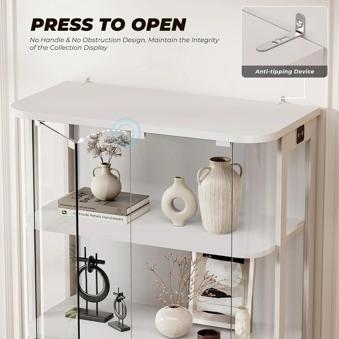 Rounded Display Cabinet with Glass Door, 3-Tier Curio Cabinet with 3 Color Lights for Collectibles, Glass Display, Customized