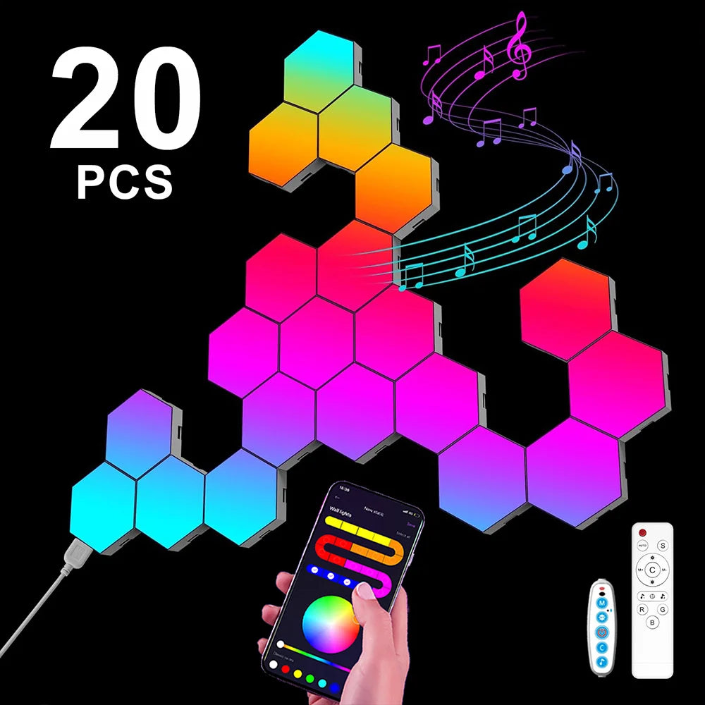 Smart Hexagonal Wall Lamp Color Change Ambient Night Light DIY Shape Music Sync MeRGBW APP Gaming RGB Hexagon LED Lights Bedroom