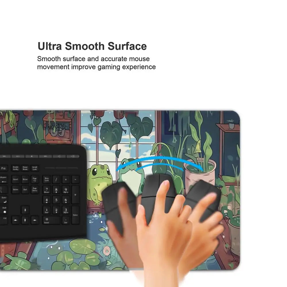 Kawaii frogs Desk Mat Large Gaming Mousepad Xxl Cute Mouse Pad Anime Aesthetic Cozi Lofi Plant Nature Green Extended Deskmat