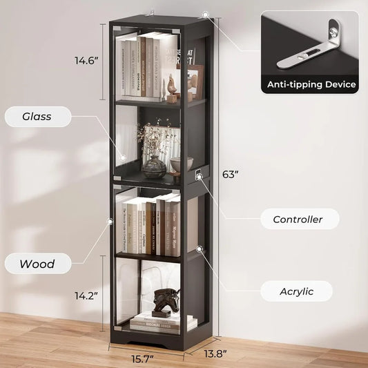 4-Tier Glass Display Cabinet with 3 Color LED Lights & Human Body Sensor for Collectibles, Books, Figurines - Black