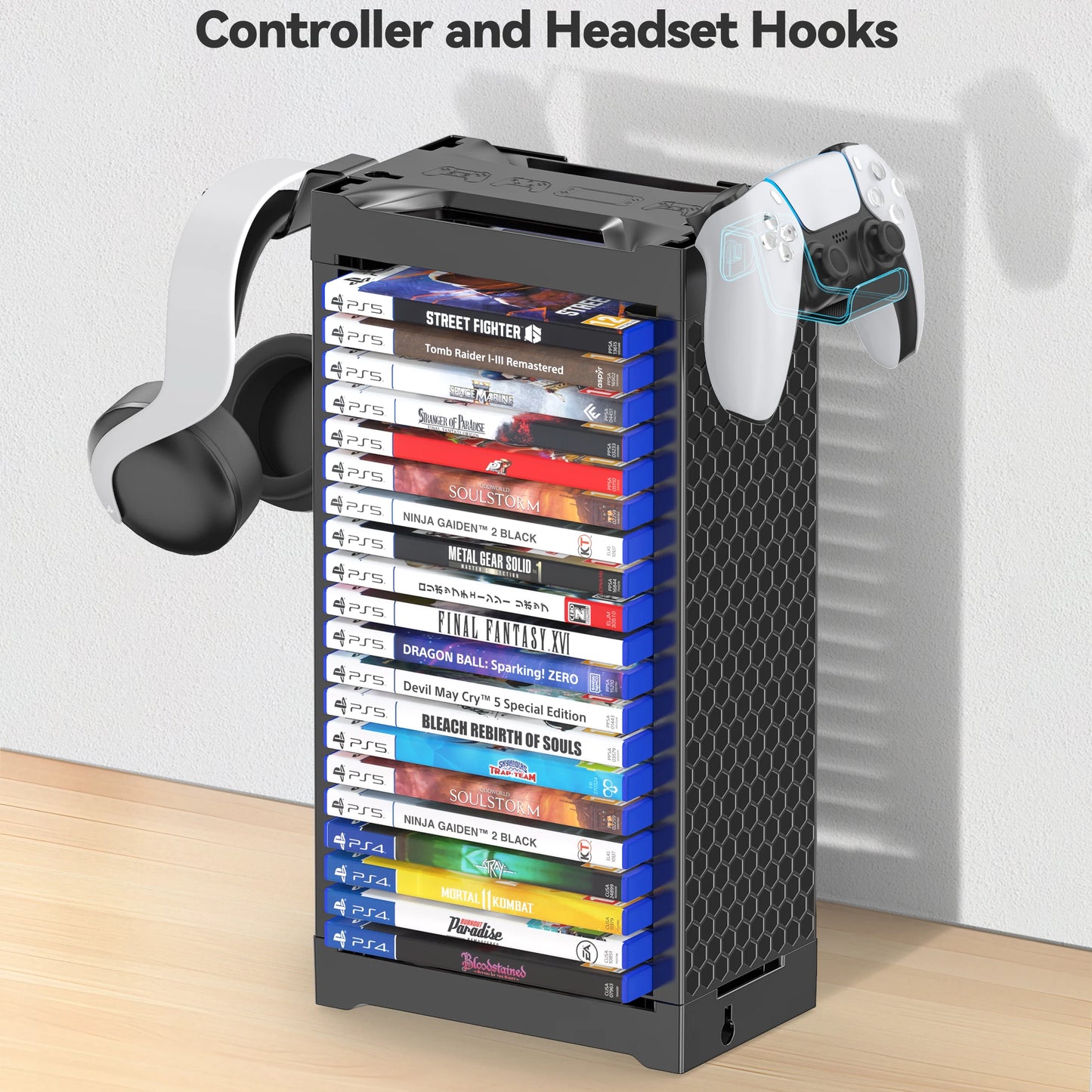 Video Game Storage Tower Holder with Controller Stand Wall Mount Game Organizers Vertical & Horizontal Stand for 20 Gaming Discs