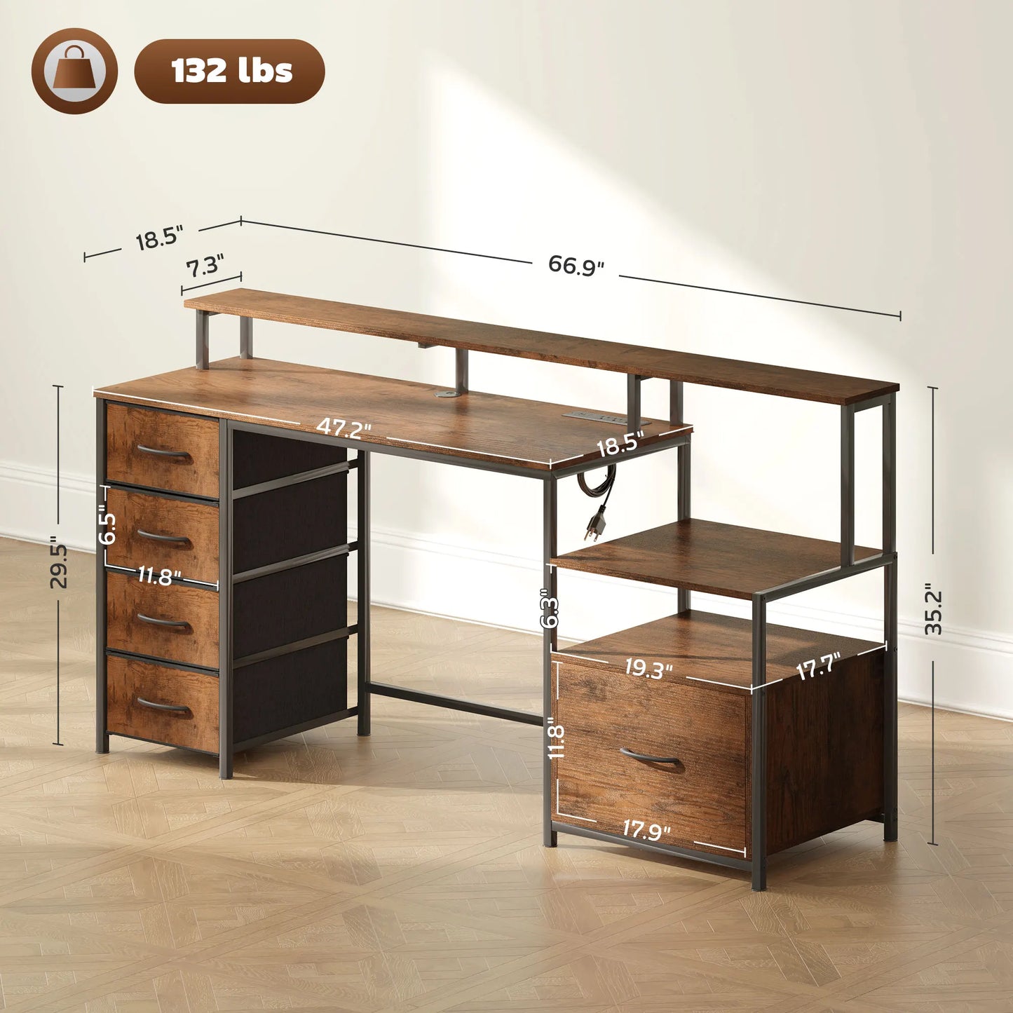 Computer Desk with Power Outlets and Led Lights, 67" Computer Table with File Cabinet and Fabric Drawers, Black