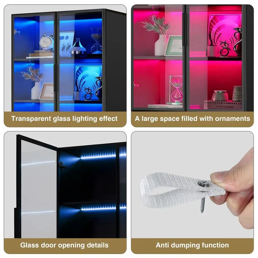 Display Cabinet,78 Inch High Bookshelf, MultiColor LED Ambient Lighting, 6Story Large Storage Space, Transparent Tempered Glass