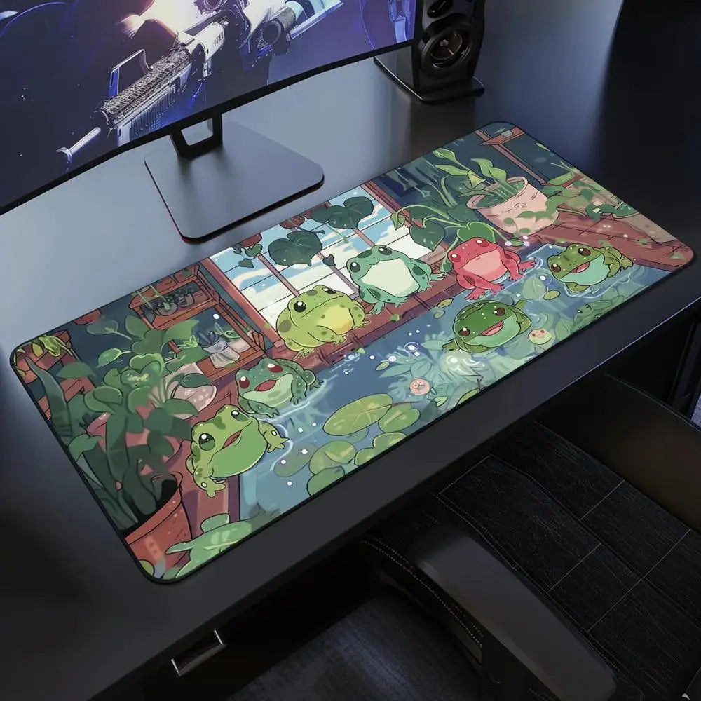 Kawaii frogs Desk Mat Large Gaming Mousepad Xxl Cute Mouse Pad Anime Aesthetic Cozi Lofi Plant Nature Green Extended Deskmat