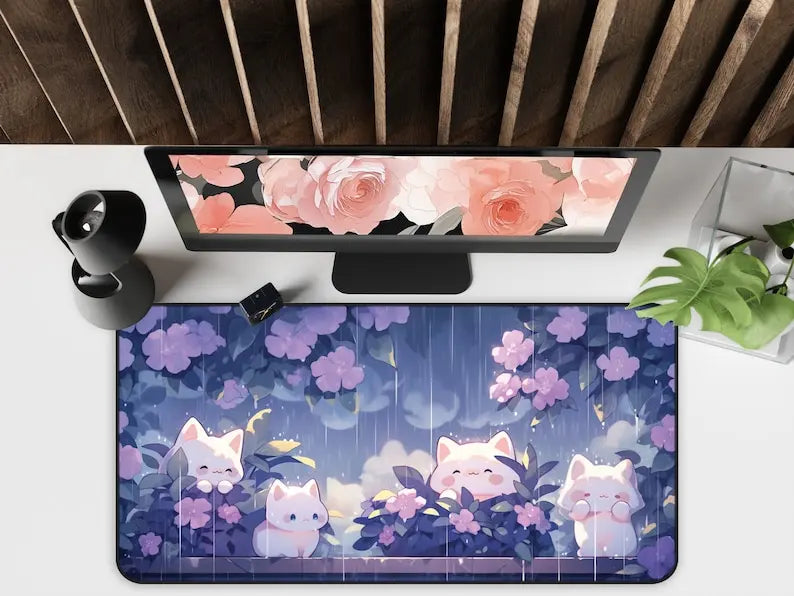 Kawaii Cats in the Rain Large Mouse Pad 900x400 XXL Purple Desk Mat Gaming Mousepad Deskpad Cute Gaming accessories office work