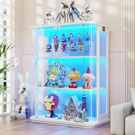 Rounded Display Cabinet with Glass Door, 3-Tier Curio Cabinet with 3 Color Lights for Collectibles, Glass Display, Customized