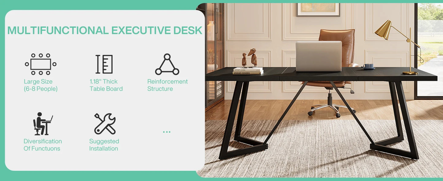 70.86-Inch Large Executive Desk, Modern Computer Office Desk Workstation with Metal Frame, Writing Table for Home Office