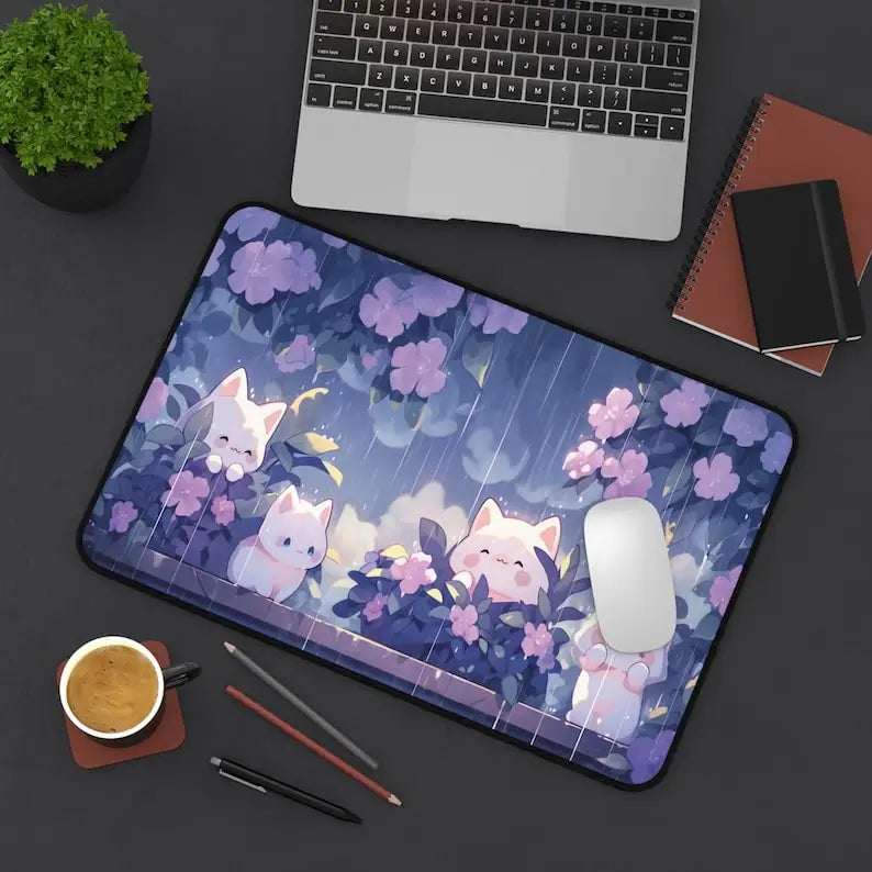 Kawaii Cats in the Rain Large Mouse Pad 900x400 XXL Purple Desk Mat Gaming Mousepad Deskpad Cute Gaming accessories office work
