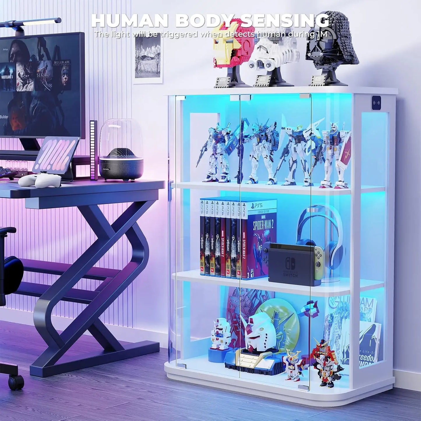 Rounded Display Cabinet with Glass Door, 3-Tier Curio Cabinet with 3 Color Lights for Collectibles, Glass Display, Customized