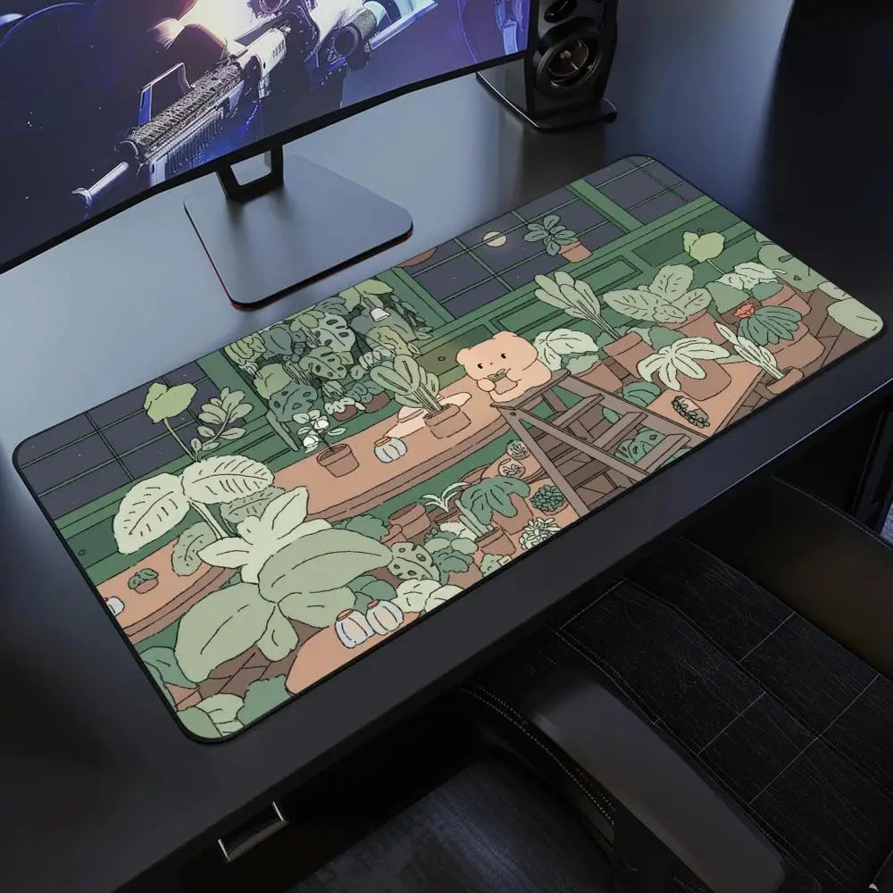 Kawaii frogs Desk Mat Large Gaming Mousepad Xxl Cute Mouse Pad Anime Aesthetic Cozi Lofi Plant Nature Green Extended Deskmat