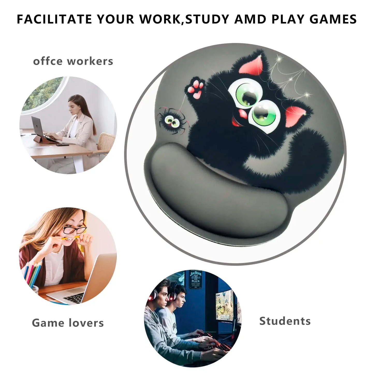 Personalized Cat Mouse Pad,Ergonomic Mouse Pad with Wrist Support,Memory Foam Non-Slip Rubber Base,Playful Animal Mouse Pad