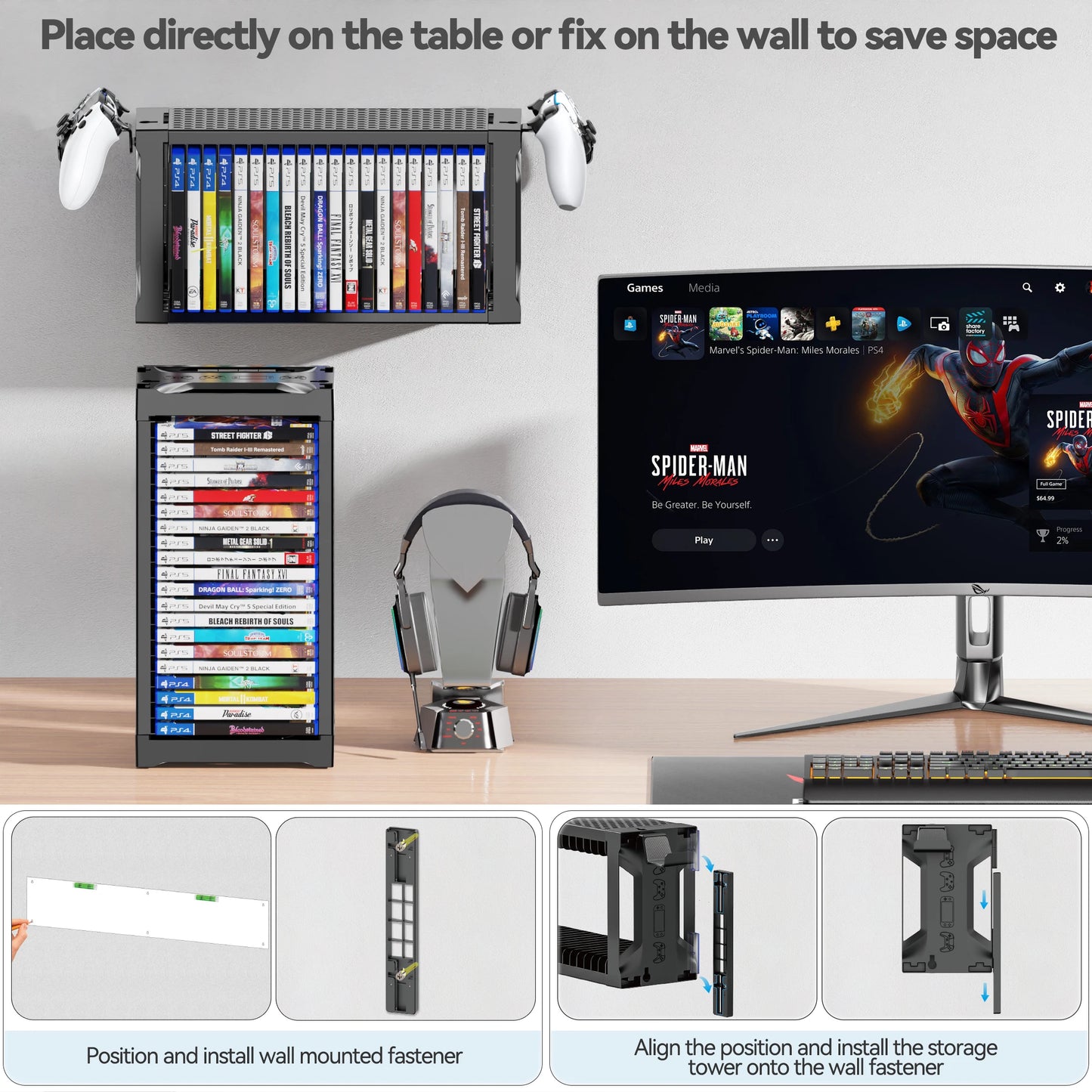 Video Game Storage Tower Holder with Controller Stand Wall Mount Game Organizers Vertical & Horizontal Stand for 20 Gaming Discs