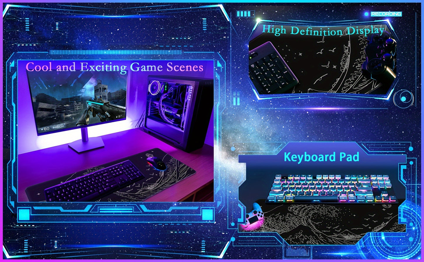 Gaming Laptop Mouse Pad, Sea Wave Big Mice Pads PC Keyboard Waterproof And Non-Slip 31.5 X 11.8inches 3mm Thick XL, XXL Rubber Table Mat, Kanagawa Surfing And Black Japanese Mouse Pads