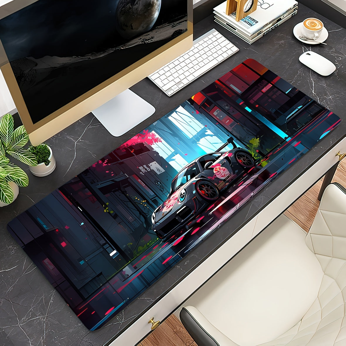 A Mouse Pad With A Drawing Of A Racing Car For Anime Games, An Anti-slip Desk Pad, And A Writing Pad.
