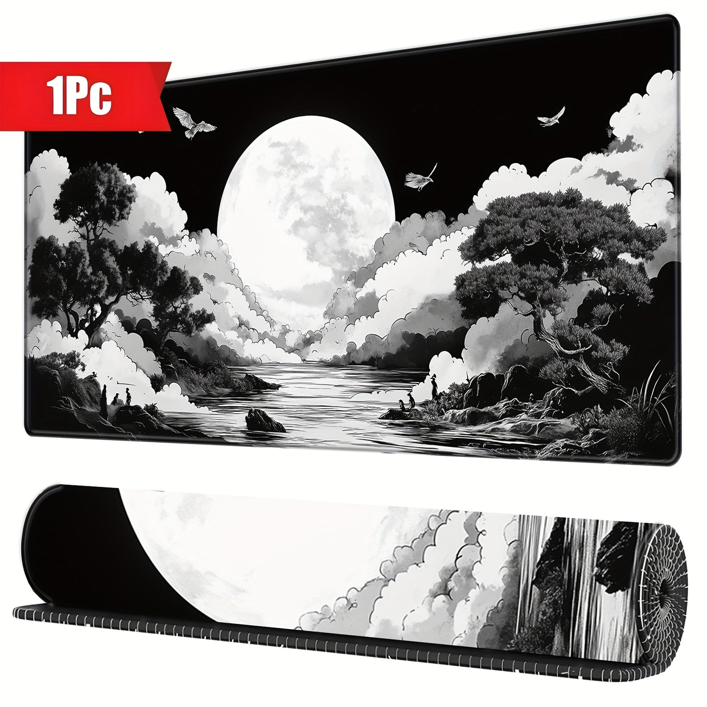 XXL Anime Moon Mountains Gaming Mouse Pad, Large Desk Mat, Non-Slip Rubber Base, Washable Keyboard and Mouse Mat with Stitched Edges, 35. 4x15. 75in, Desk Decor, Computer Mat, BHJLAXR