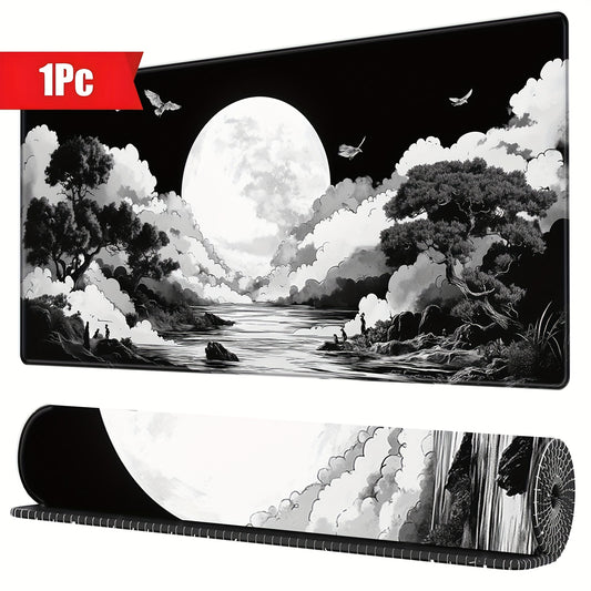 XXL Anime Moon Mountains Gaming Mouse Pad, Large Desk Mat, Non-Slip Rubber Base, Washable Keyboard and Mouse Mat with Stitched Edges, 35. 4x15. 75in, Desk Decor, Computer Mat, BHJLAXR