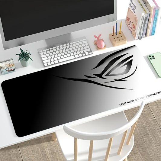 A Large Electronic Sports Gaming Mouse Pad Featuring a Black And White Gradient Eye Logo Design, with a Non-Slip, Washable Rubber Base. This Oversized Desk Mat Is Perfect for Office Use, Computer Decoration, And Desktop Embel
