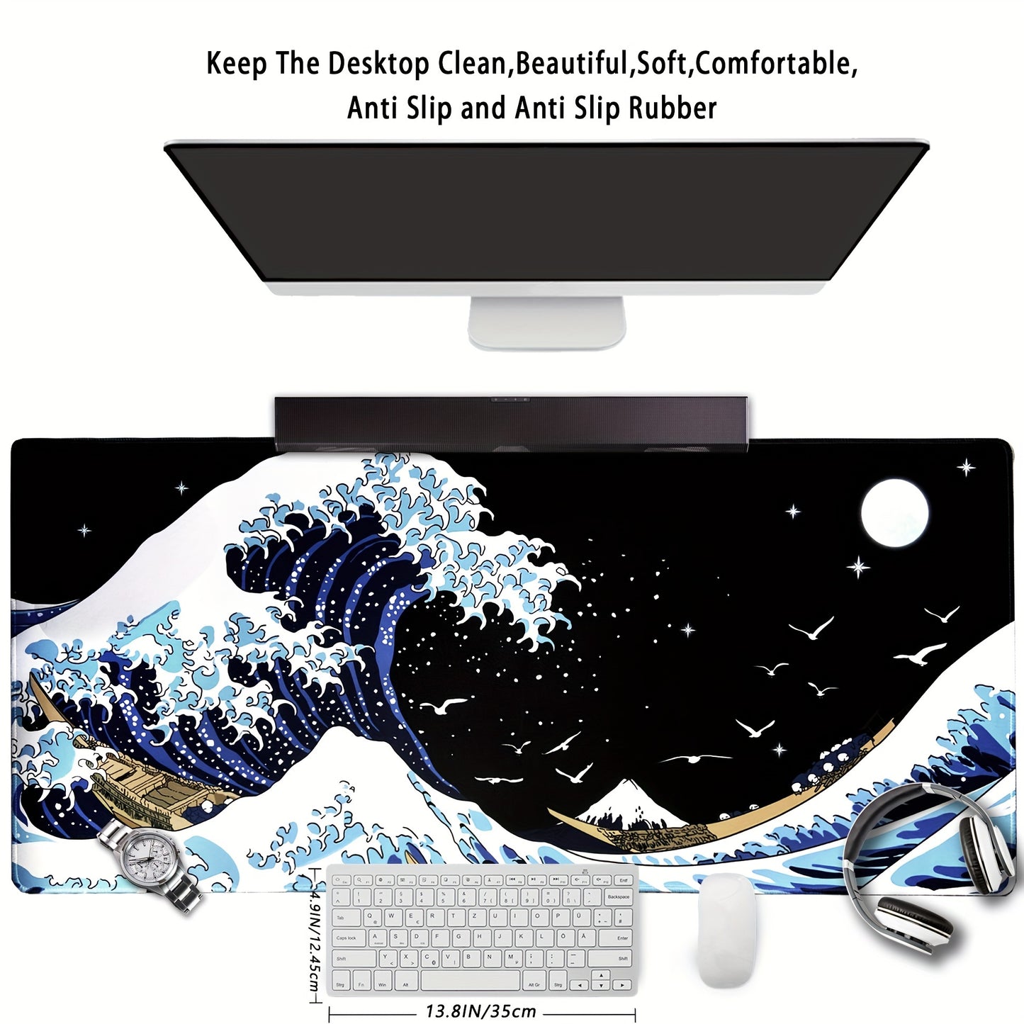 Gaming Laptop Mouse Pad, Sea Wave Big Mice Pads PC Keyboard Waterproof And Non-Slip 31.5 X 11.8inches 3mm Thick XL, XXL Rubber Table Mat, Kanagawa Surfing And Black Japanese Mouse Pads