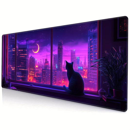 BHJLAXR Extended Gaming Mouse Pad with Cat Design, Non-Slip Rubber Base, Stitched Edges, Multi-Functional Large Desk Mat for Computer, Keyboard, and Mouse, 35. 4x15. 7 inches - Vibrant Purple