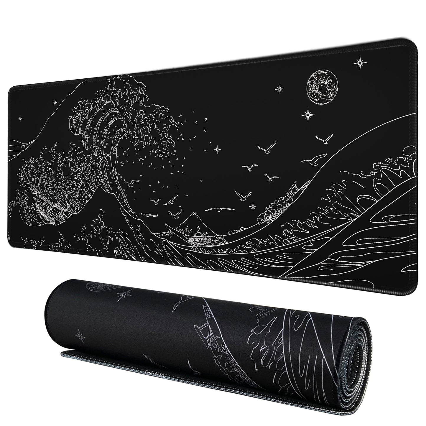 Gaming Laptop Mouse Pad, Sea Wave Big Mice Pads PC Keyboard Waterproof And Non-Slip 31.5 X 11.8inches 3mm Thick XL, XXL Rubber Table Mat, Kanagawa Surfing And Black Japanese Mouse Pads