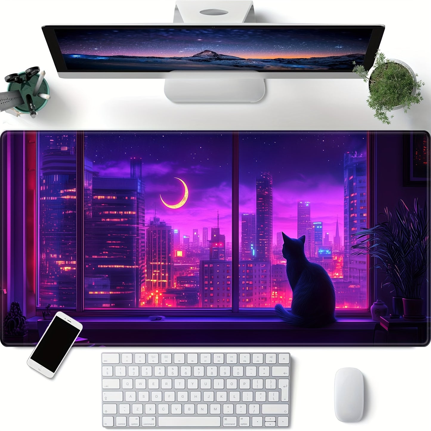 BHJLAXR Extended Gaming Mouse Pad with Cat Design, Non-Slip Rubber Base, Stitched Edges, Multi-Functional Large Desk Mat for Computer, Keyboard, and Mouse, 35. 4x15. 7 inches - Vibrant Purple