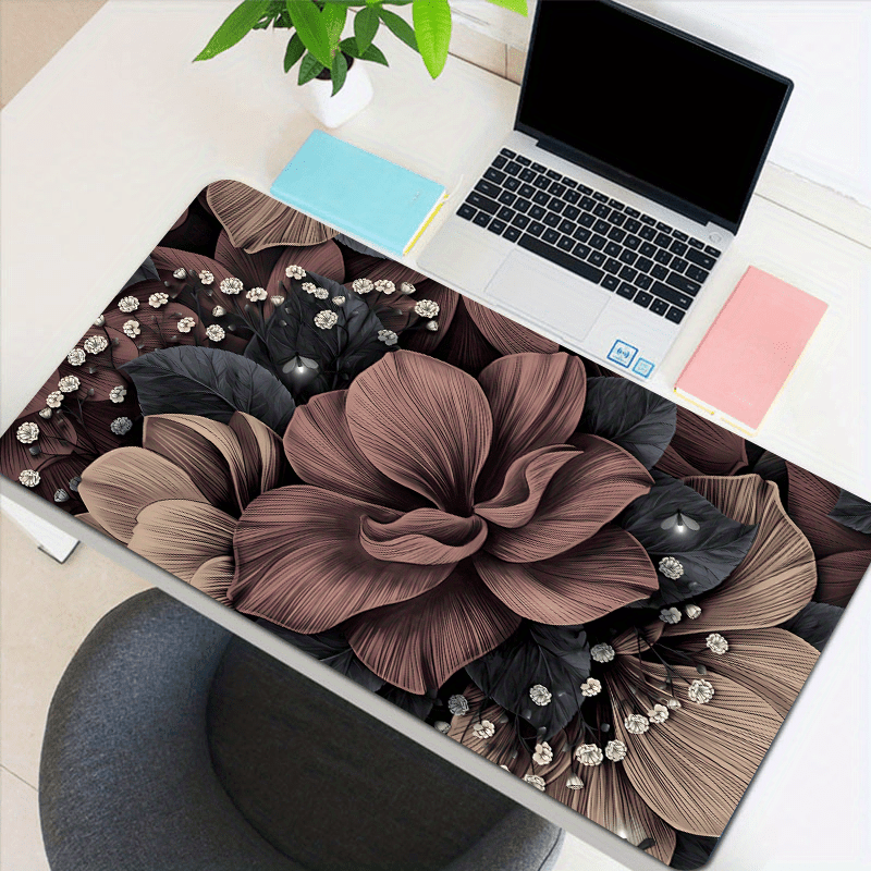Floral Design Large Gaming Mouse Pad & Desk Mat with Non-Slip Rubber Base, Brown/Black/White/Beige Pattern for Office, Home, Laptop, Computer - Gamer Gift, Home Office Accessory, Decorative Workspace Item