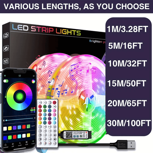 787.4inch Music Sync LED Strip Lights with Remote & App Control - USB Powered, Multi-Color Changing for Bedroom, Gaming Room, TV Ambiance, Gaming Lights for Bedroom