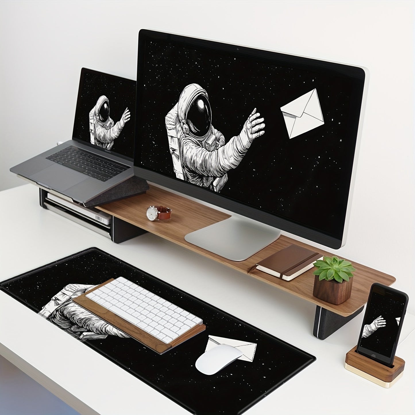 Space-Themed Large Gaming Mouse Pad with Astronaut Design - Non-Slip Rubber Base, Stitched Edges, Washable Desk Mat for Keyboard and Mouse, 31.5 x 11.8 Inches, Mouse Pads for Desk