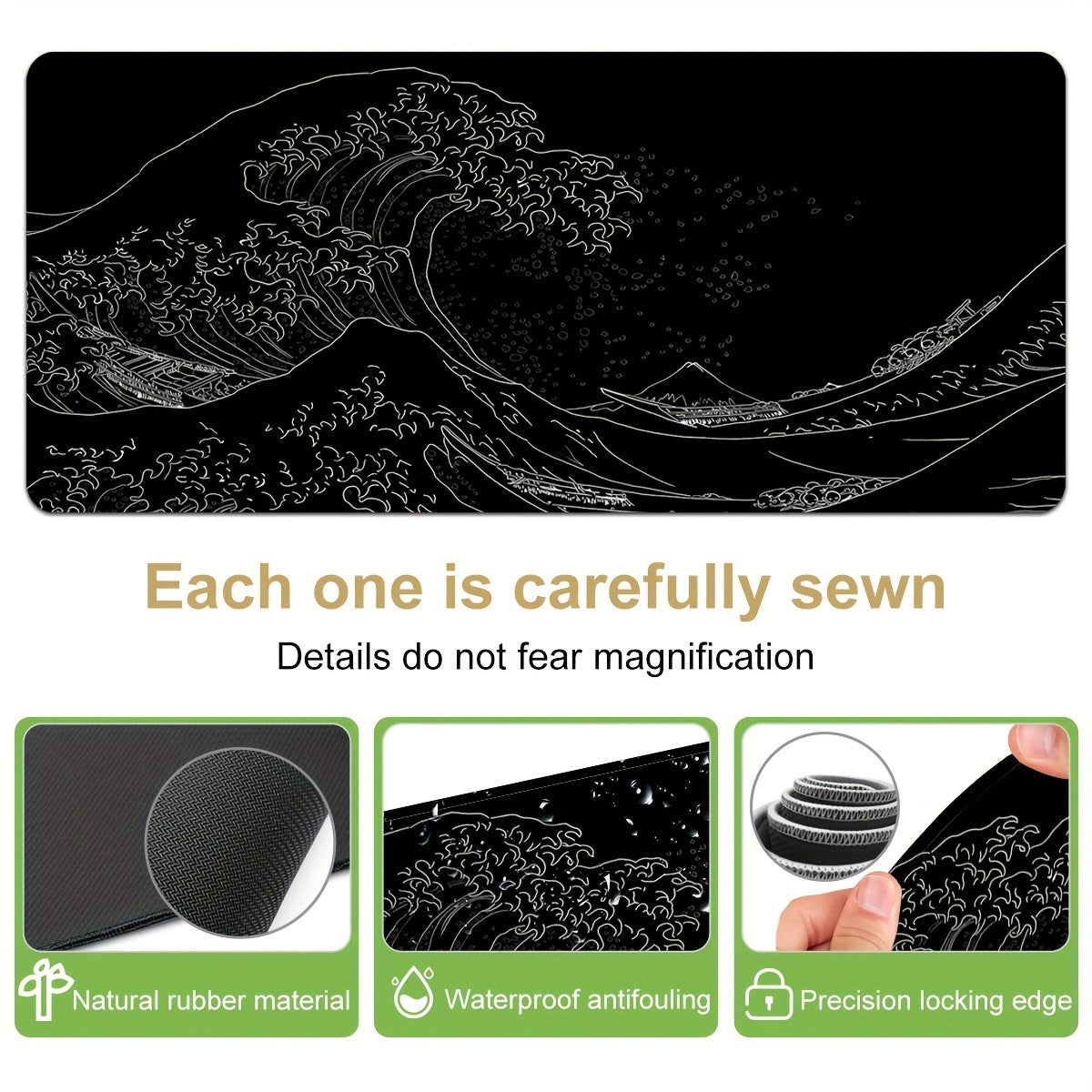 Large Gaming Mouse Pad Featuring Abstract Black And White Japanese Wave Designs, Measuring 35.4X15.7 Inches, with a Non-Slip Rubber Base And Stitched Edges, Suitable for Office And Home Gaming.