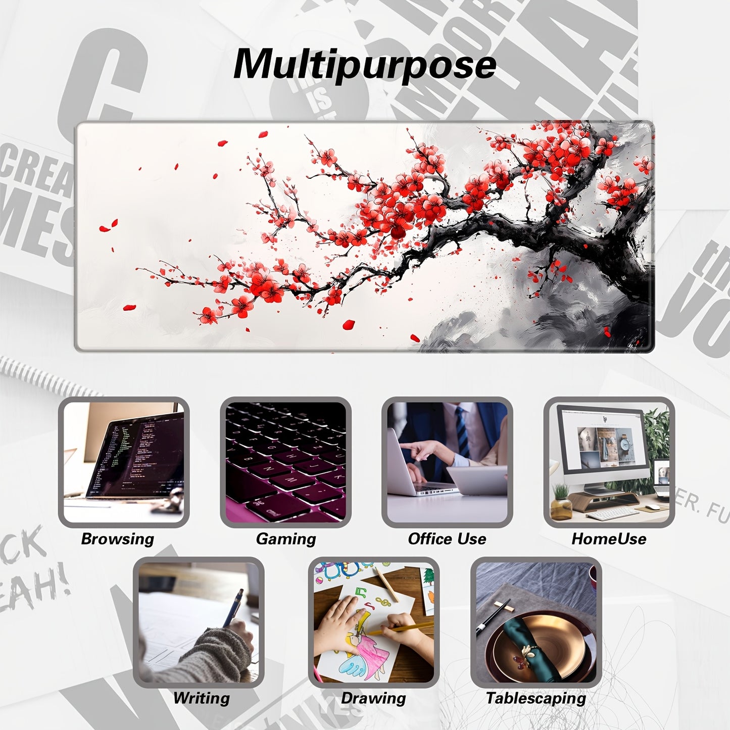 Cherry Blossom Watercolor Extended Mouse Pad 31.5x11.8" - Large Non-Slip Rubber Base, Stitched Edges, Pink Floral Design with Gray Background for Gaming & Office Use, Keyboard Pad, Large Gaming Mouse Pad, Computer Desk Mat, E