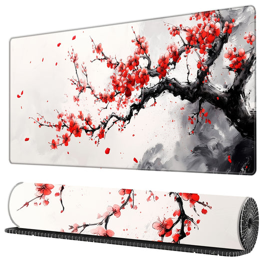 Cherry Blossom Watercolor Extended Mouse Pad 31.5x11.8" - Large Non-Slip Rubber Base, Stitched Edges, Pink Floral Design with Gray Background for Gaming & Office Use, Keyboard Pad, Large Gaming Mouse Pad, Computer Desk Mat, E