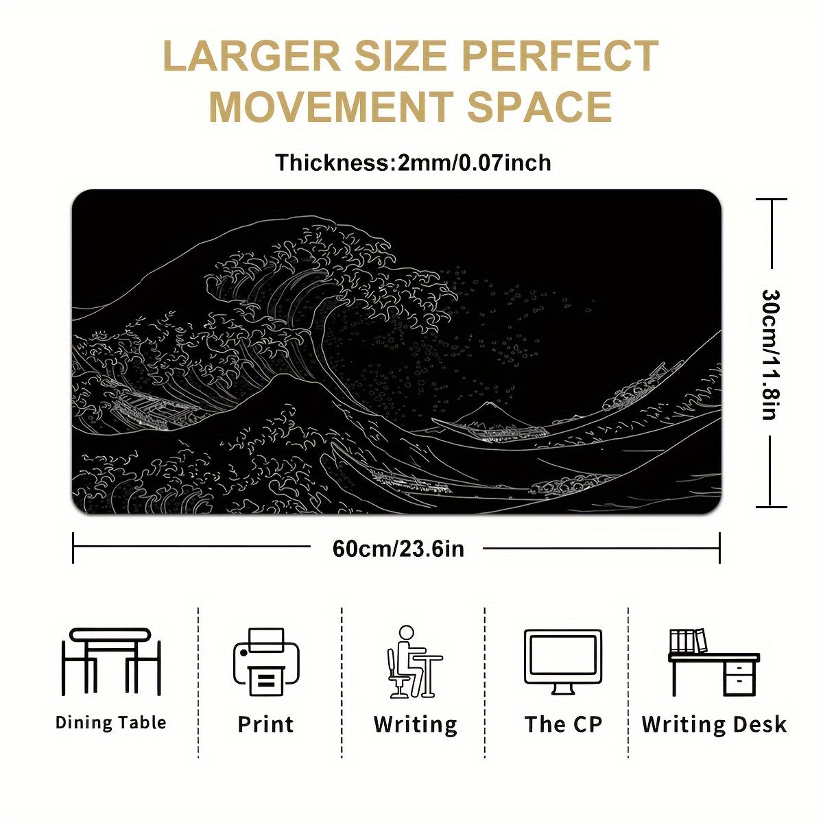 Large Gaming Mouse Pad Featuring Abstract Black And White Japanese Wave Designs, Measuring 35.4X15.7 Inches, with a Non-Slip Rubber Base And Stitched Edges, Suitable for Office And Home Gaming.