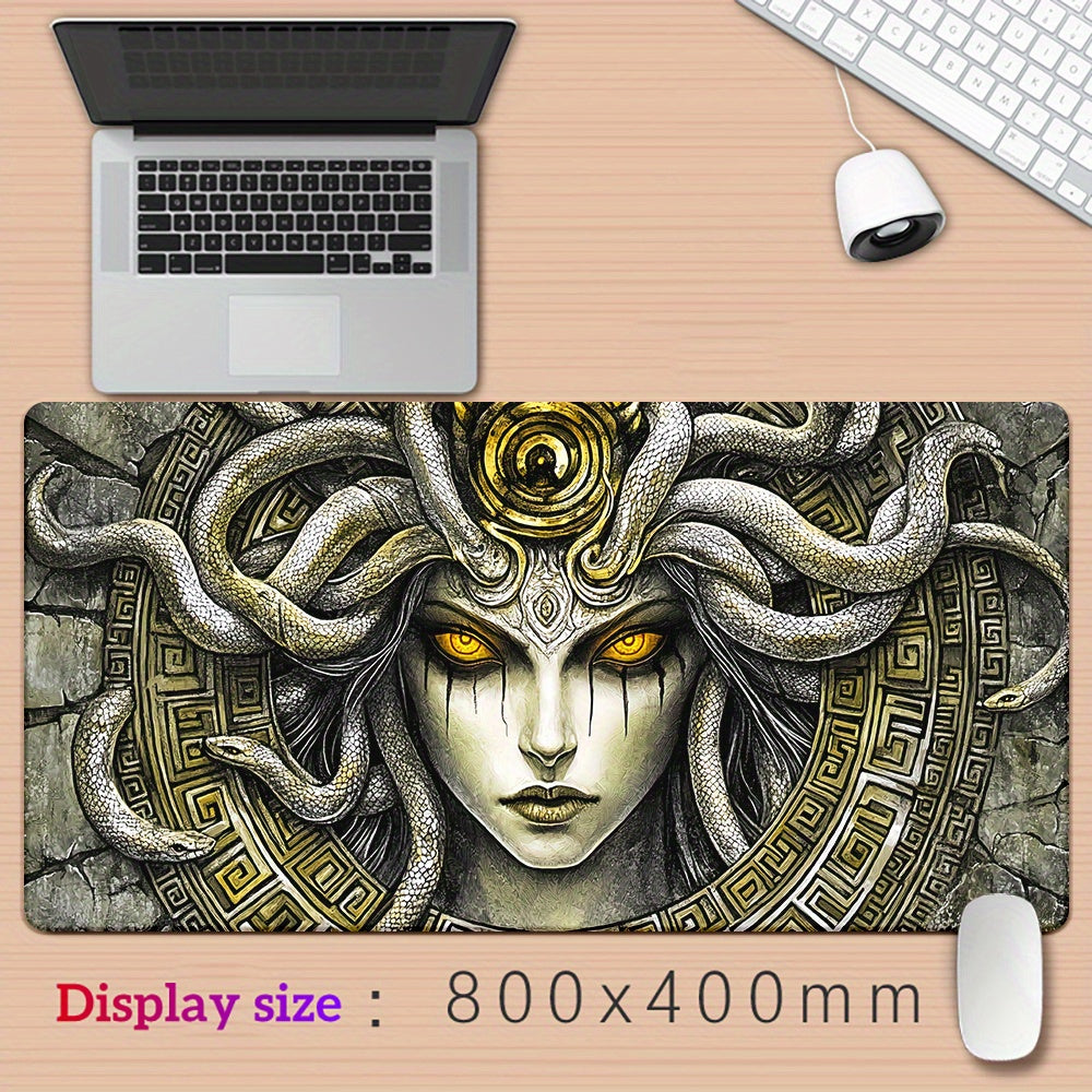 1pc Medusa Greek Mythology Gaming Mouse Pad & Desk Mat - Non-Slip Rubber Base, Smooth Surface with Greek Key & Medusa (Gorgon's Gaze) Design for PC, Laptop, Office & Computer Setup - Greek Goddess Art Accessory