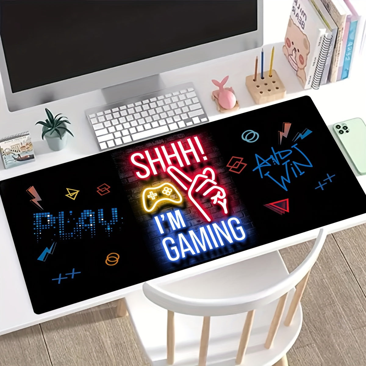 Shhh! I'm Gaming" Extended Mouse Pad - Large Gaming Desk Mat With Neon Lights Design, Anti-Slip Rubber Base, And Smooth Surface For Precise Mouse Control - Perfect For Gamers And Office Use