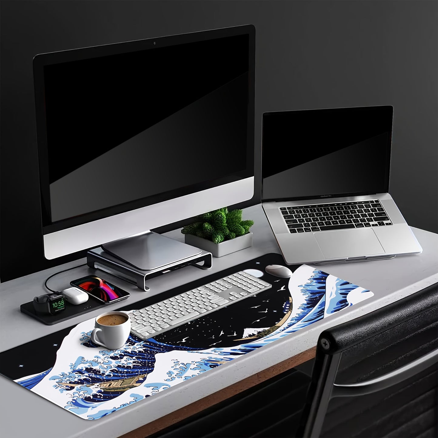 Gaming Laptop Mouse Pad, Sea Wave Big Mice Pads PC Keyboard Waterproof And Non-Slip 31.5 X 11.8inches 3mm Thick XL, XXL Rubber Table Mat, Kanagawa Surfing And Black Japanese Mouse Pads