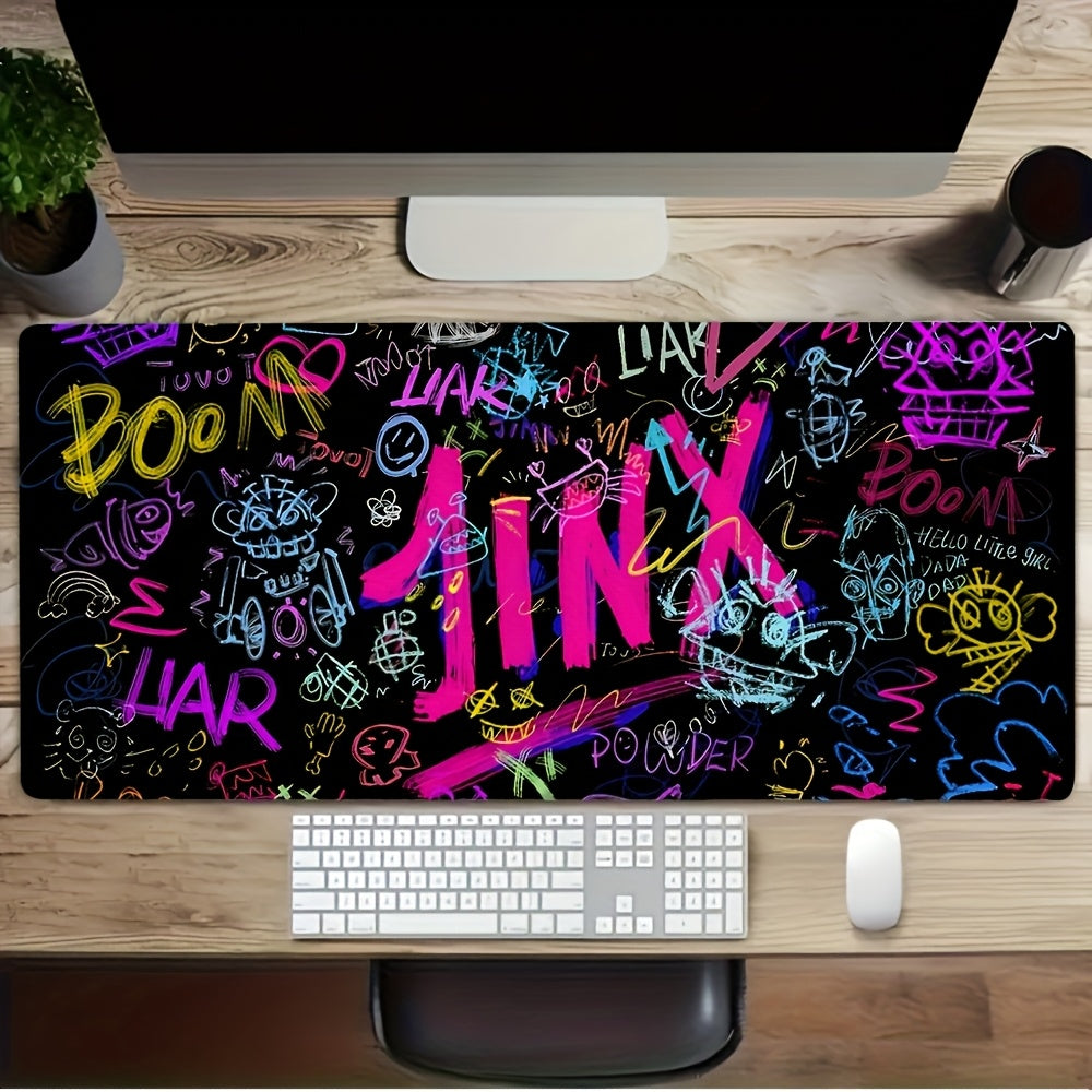 J-Jinx Large Gaming Mouse Pad - Rubber Base, Vibrant Graffiti Design with Bold Text and Fun Graphics, Desk Mat for Office, School & Home Decor. Durable Rectangular Surface Smooth Glide Workstation Accessory, Office Workspace,