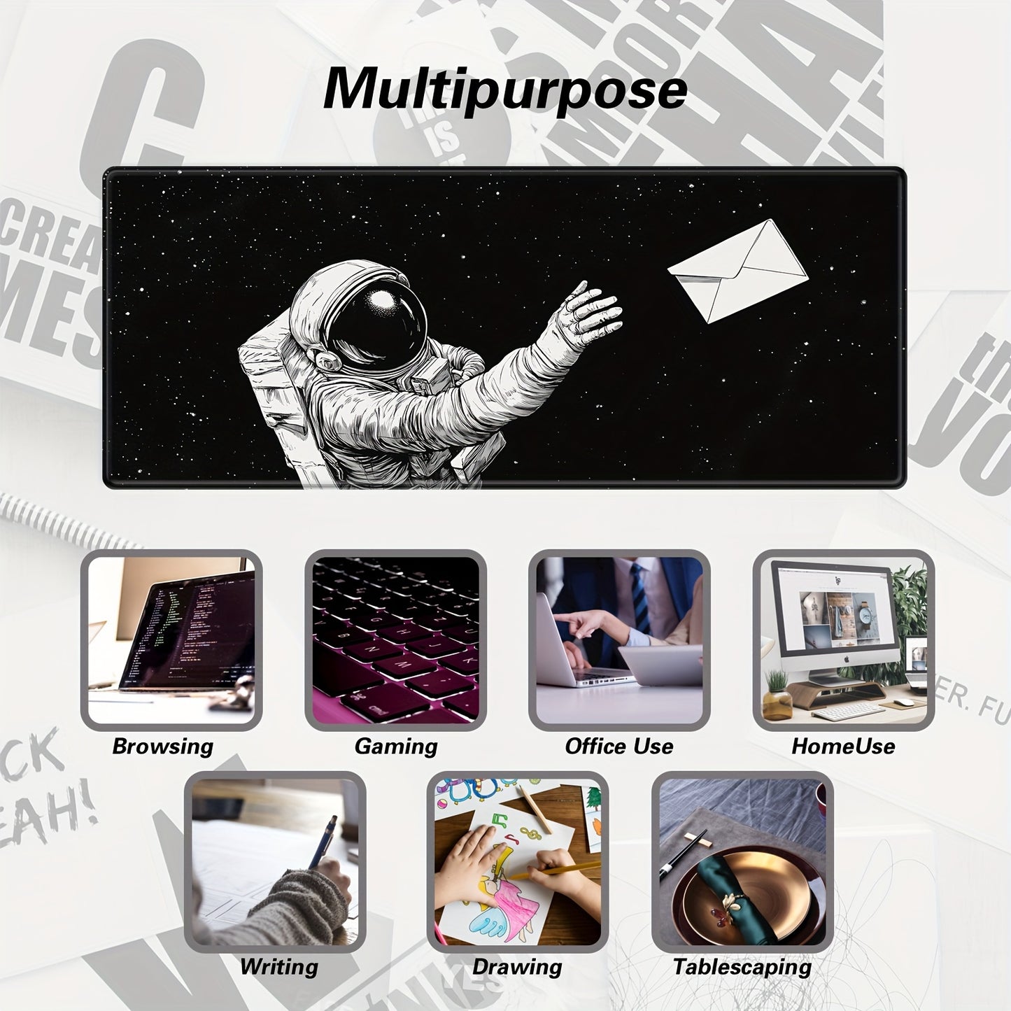 Space-Themed Large Gaming Mouse Pad with Astronaut Design - Non-Slip Rubber Base, Stitched Edges, Washable Desk Mat for Keyboard and Mouse, 31.5 x 11.8 Inches, Mouse Pads for Desk