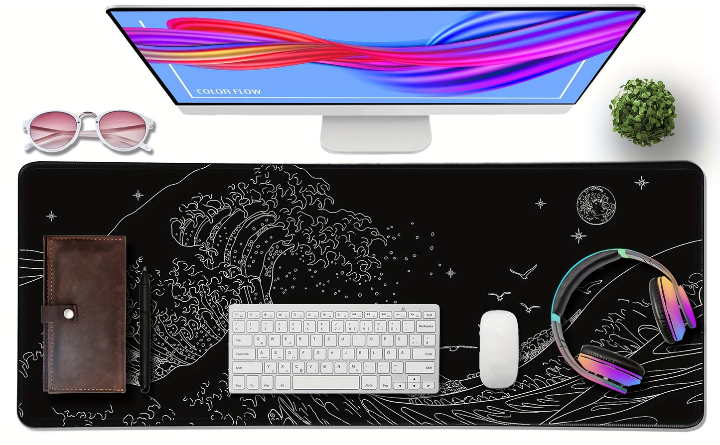 Gaming Laptop Mouse Pad, Sea Wave Big Mice Pads PC Keyboard Waterproof And Non-Slip 31.5 X 11.8inches 3mm Thick XL, XXL Rubber Table Mat, Kanagawa Surfing And Black Japanese Mouse Pads